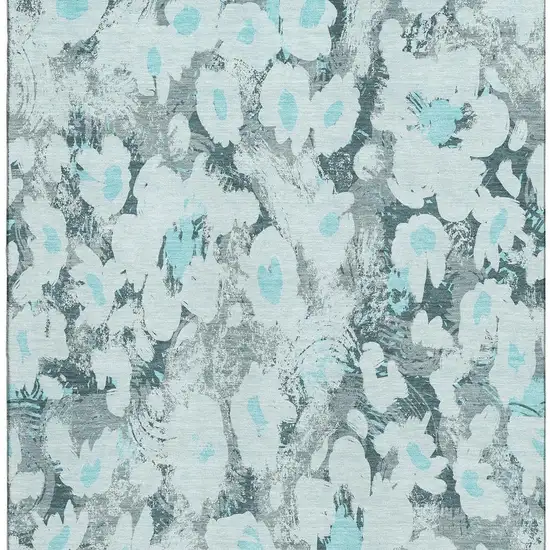 Teal Gray And Ivory Floral Washable Area Rug With UV Protection Photo 4
