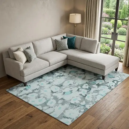 Teal Gray And Ivory Floral Washable Area Rug With UV Protection Photo 1