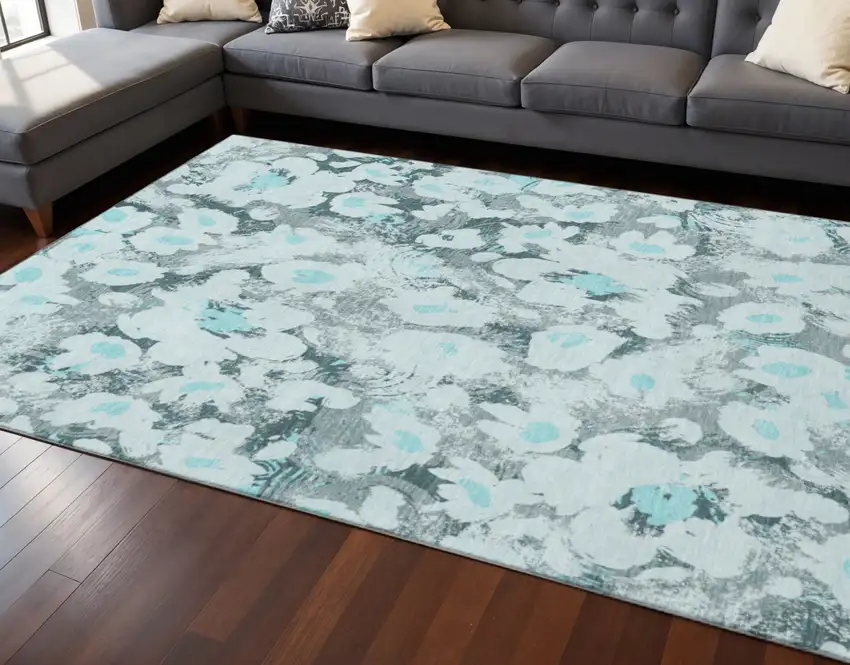 Teal Gray And Ivory Floral Washable Area Rug With UV Protection Photo 2
