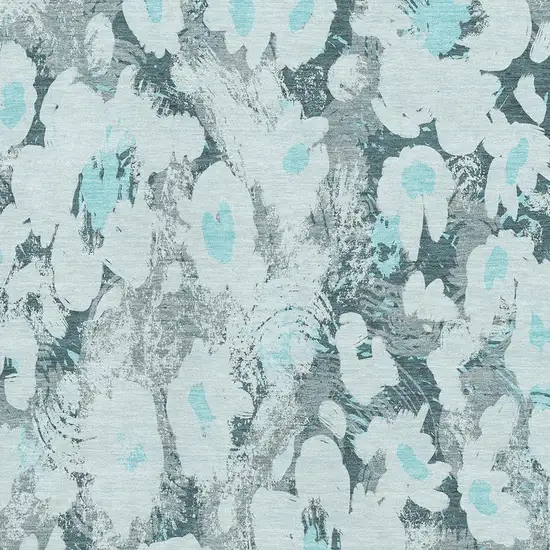 Teal Gray And Ivory Floral Washable Area Rug With UV Protection Photo 3