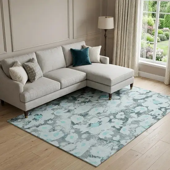 Teal Gray And Ivory Floral Washable Area Rug With UV Protection Photo 1