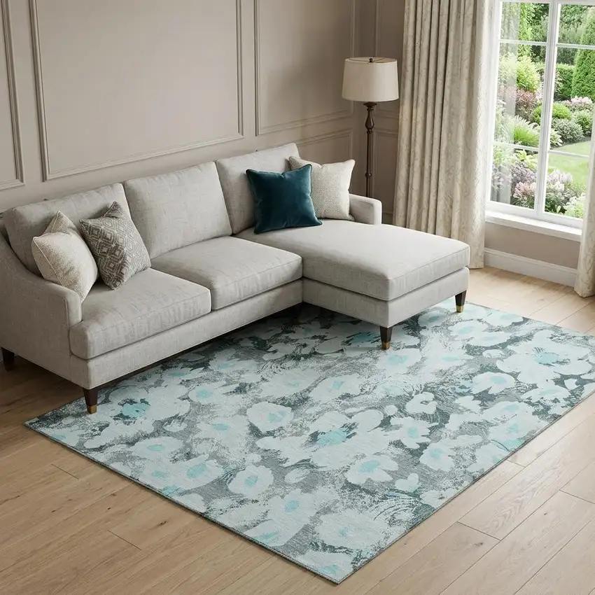 Teal Gray And Ivory Floral Washable Area Rug With UV Protection Photo 1
