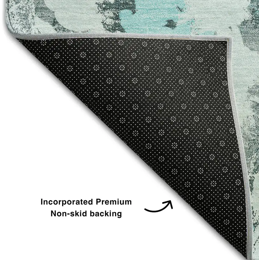 Teal Gray And Ivory Floral Washable Area Rug With UV Protection Photo 7