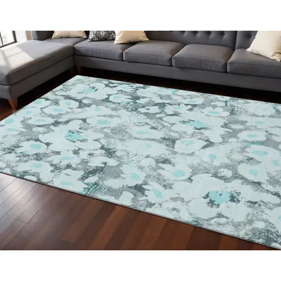 Teal Gray And Ivory Floral Washable Area Rug With UV Protection Photo 2