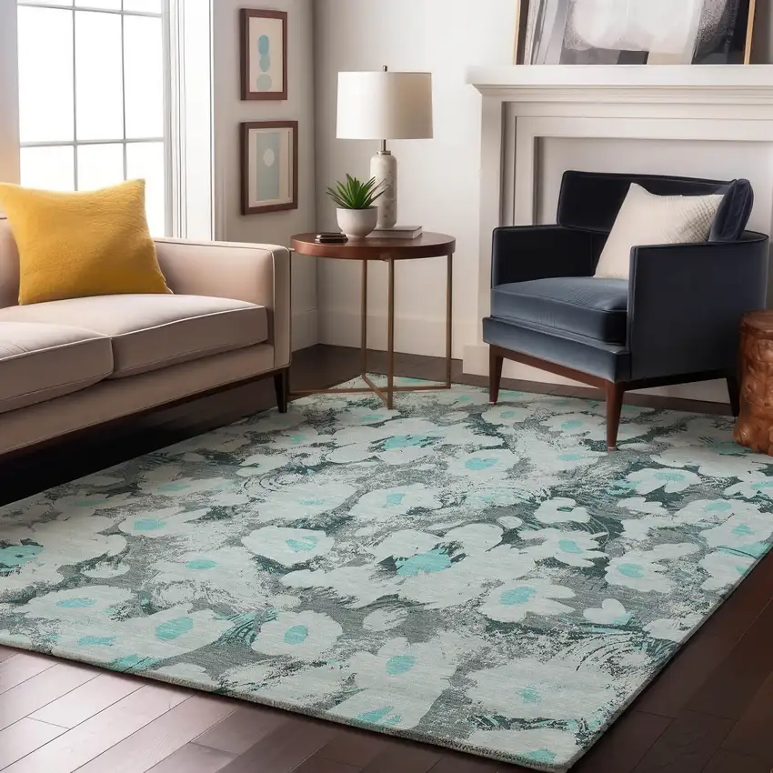 Teal Gray And Ivory Floral Washable Area Rug With UV Protection Photo 5