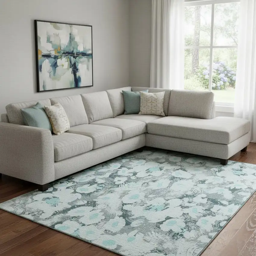 Teal Gray And Ivory Floral Washable Area Rug With UV Protection Photo 1