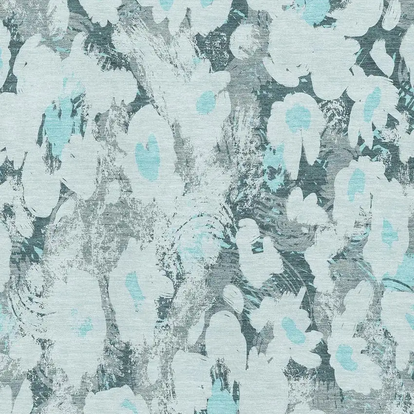 Teal Gray And Ivory Floral Washable Area Rug With UV Protection Photo 3
