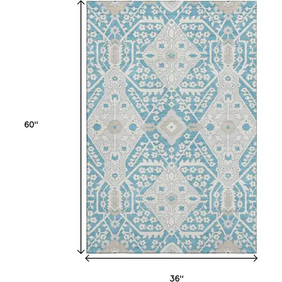 Teal Gray And Ivory Floral Washable Area Rug With UV Protection Photo 3
