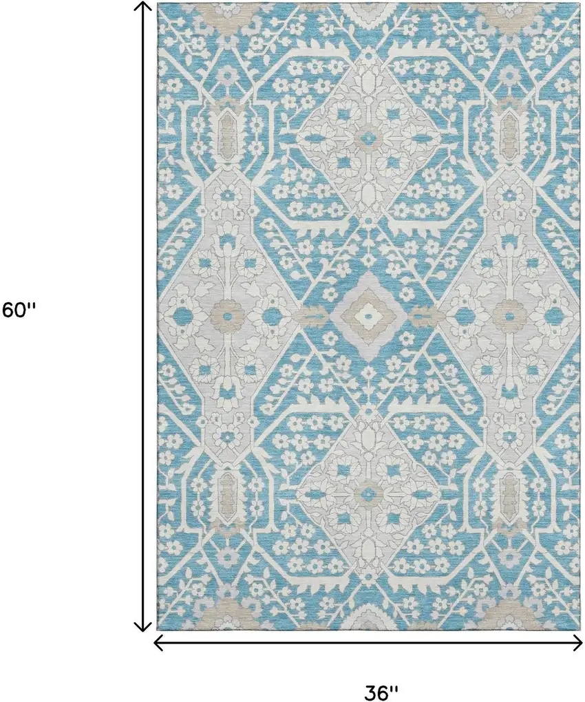 Teal Gray And Ivory Floral Washable Area Rug With UV Protection Photo 3