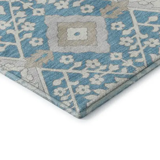 Teal Gray And Ivory Floral Washable Area Rug With UV Protection Photo 9