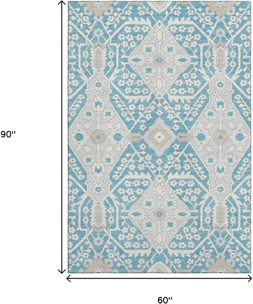 Teal Gray And Ivory Floral Washable Area Rug With UV Protection Photo 3