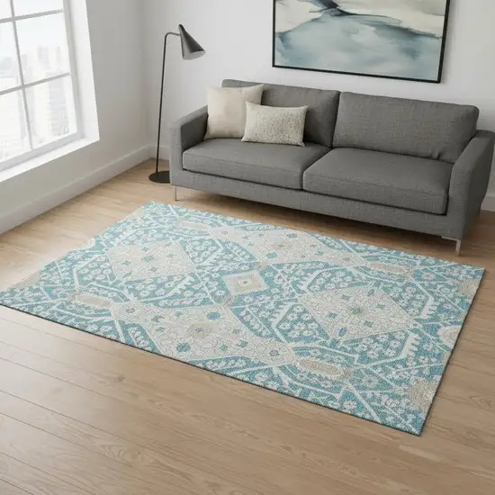 Teal Gray And Ivory Floral Washable Area Rug With UV Protection Photo 1