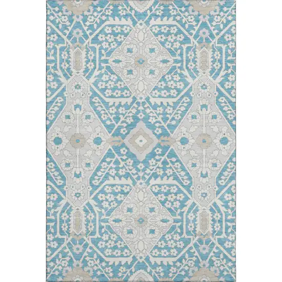 Teal Gray And Ivory Floral Washable Area Rug With UV Protection Photo 2