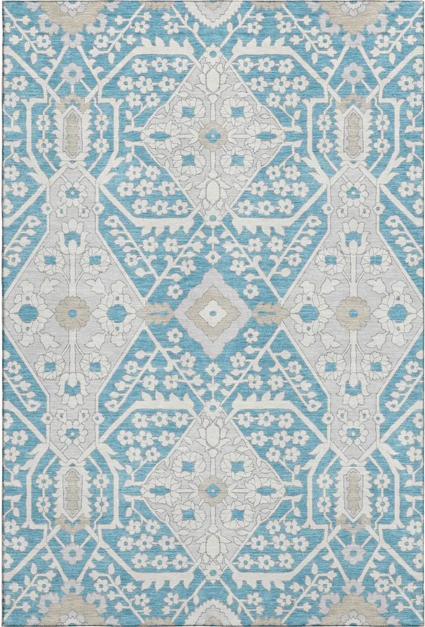 Teal Gray And Ivory Floral Washable Area Rug With UV Protection Photo 2