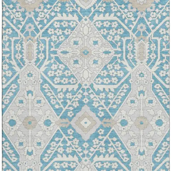 Teal Gray And Ivory Floral Washable Area Rug With UV Protection Photo 4