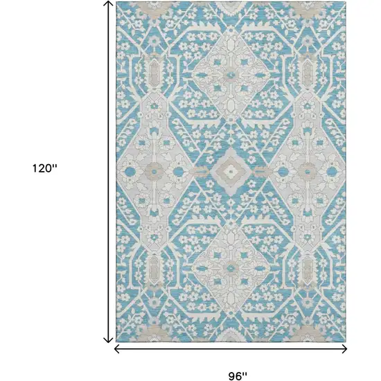 Teal Gray And Ivory Floral Washable Area Rug With UV Protection Photo 3