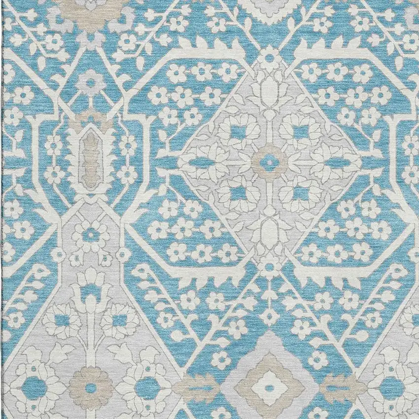Teal Gray And Ivory Floral Washable Area Rug With UV Protection Photo 4