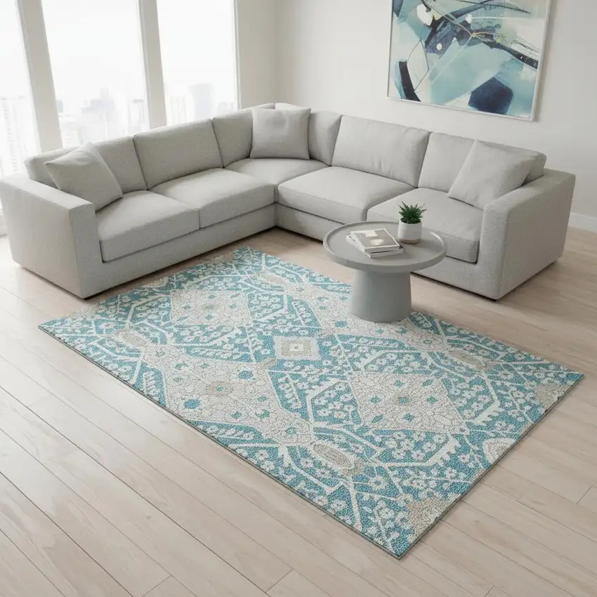 Teal Gray And Ivory Floral Washable Area Rug With UV Protection Photo 1