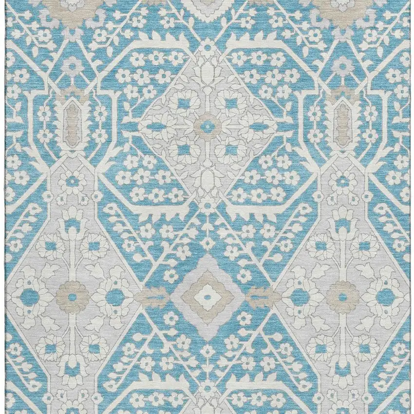 Teal Gray And Ivory Floral Washable Area Rug With UV Protection Photo 5