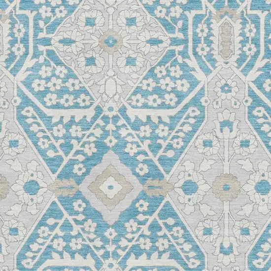 Teal Gray And Ivory Floral Washable Area Rug With UV Protection Photo 4