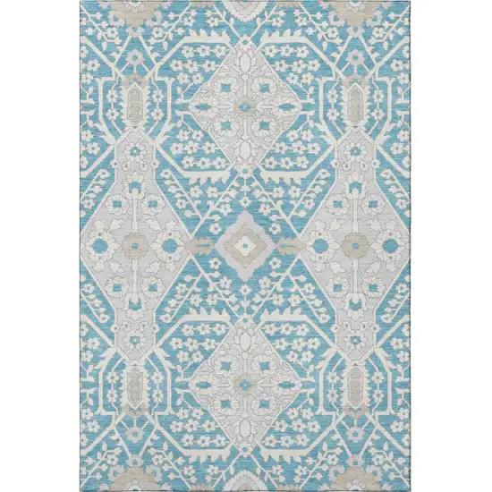 Teal Gray And Ivory Floral Washable Area Rug With UV Protection Photo 5