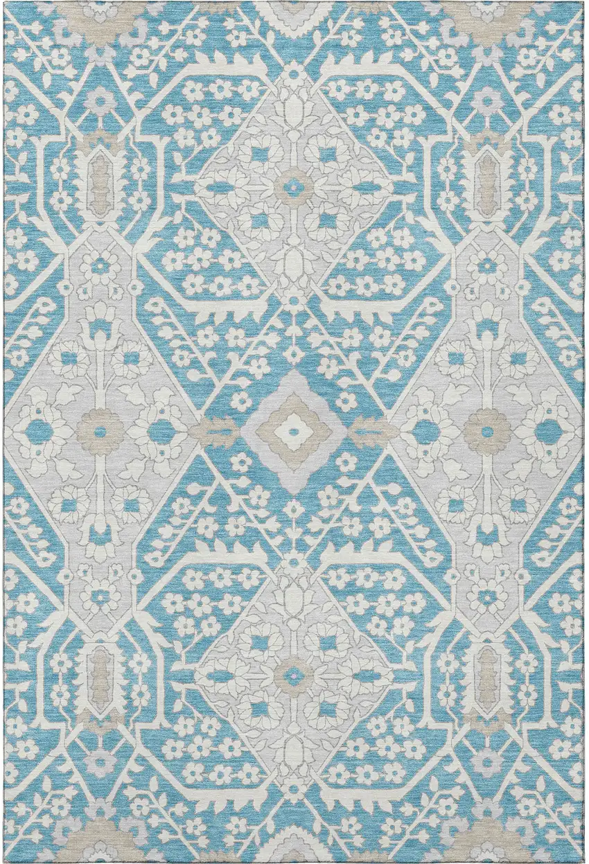 Teal Gray And Ivory Floral Washable Area Rug With UV Protection Photo 5