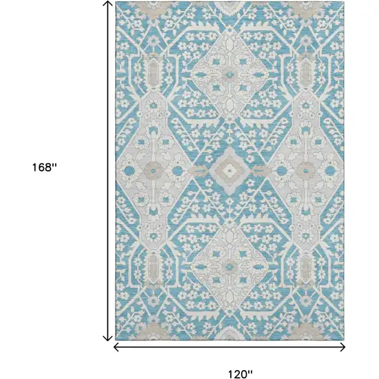 Teal Gray And Ivory Floral Washable Area Rug With UV Protection Photo 3