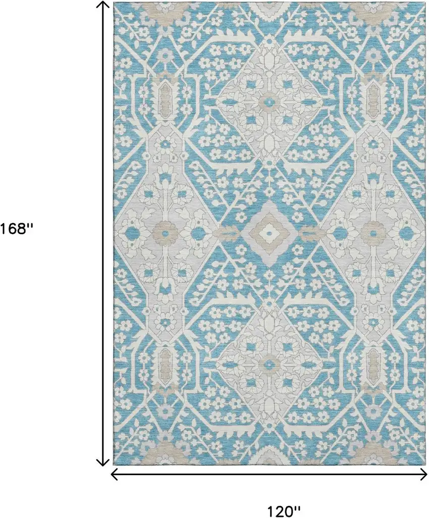 Teal Gray And Ivory Floral Washable Area Rug With UV Protection Photo 3