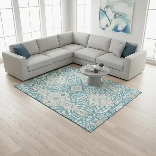 Teal Gray And Ivory Floral Washable Area Rug With UV Protection Photo 1