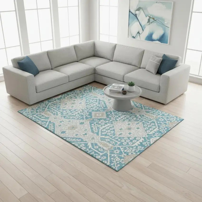 Teal Gray And Ivory Floral Washable Area Rug With UV Protection Photo 1