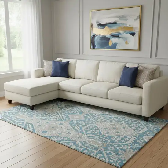 Teal Gray And Ivory Floral Washable Area Rug With UV Protection Photo 1