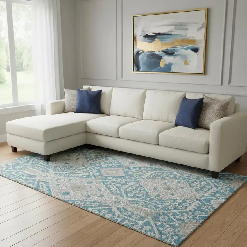 Teal Gray And Ivory Floral Washable Area Rug With UV Protection Photo 1