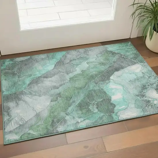 Teal Gray And Ivory Floral Washable Area Rug With UV Protection Photo 2