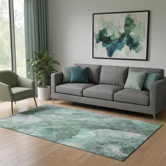 Teal Gray And Ivory Floral Washable Area Rug With UV Protection Photo 2