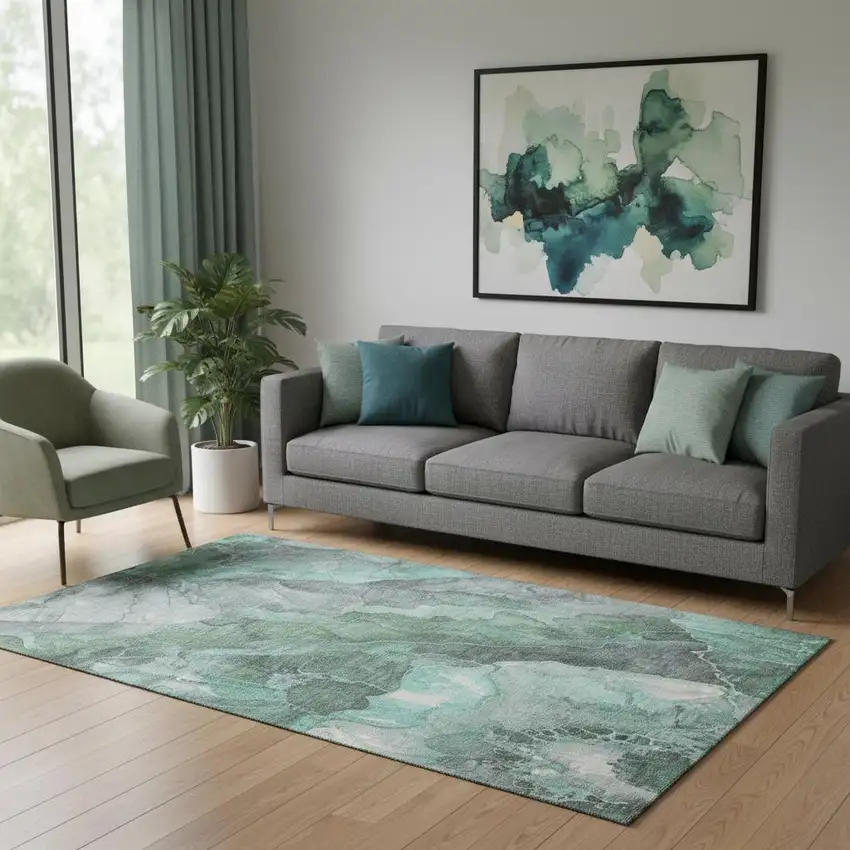 Teal Gray And Ivory Floral Washable Area Rug With UV Protection Photo 2