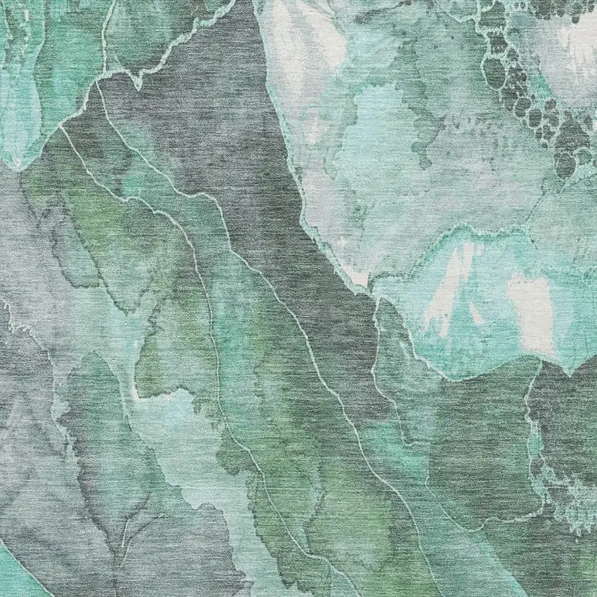 Teal Gray And Ivory Floral Washable Area Rug With UV Protection Photo 2