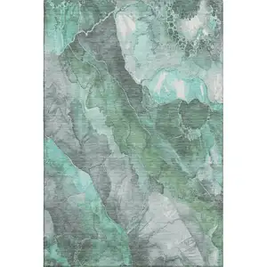 Photo of Teal Gray And Ivory Floral Washable Area Rug With UV Protection