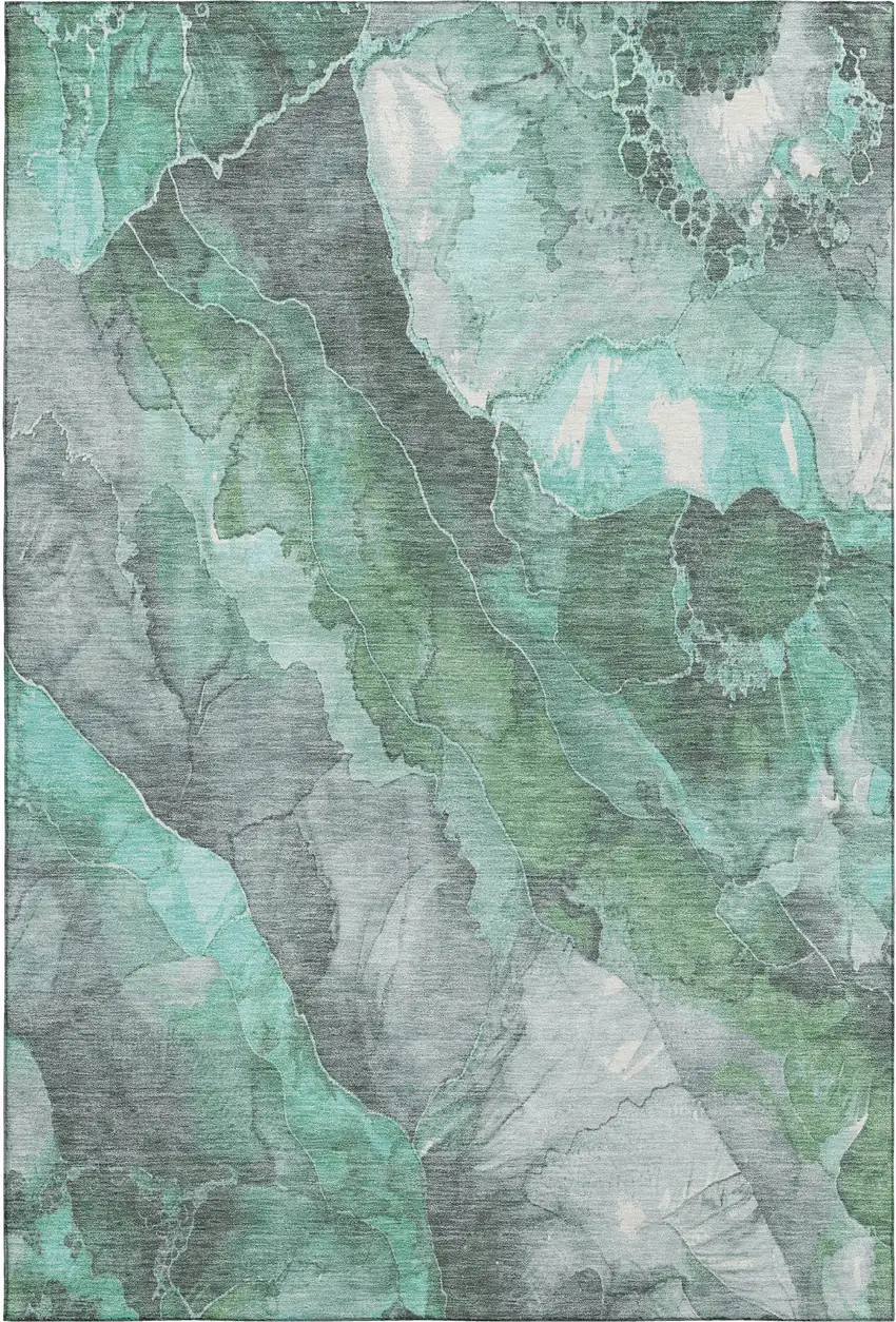 Teal Gray And Ivory Floral Washable Area Rug With UV Protection Photo 1