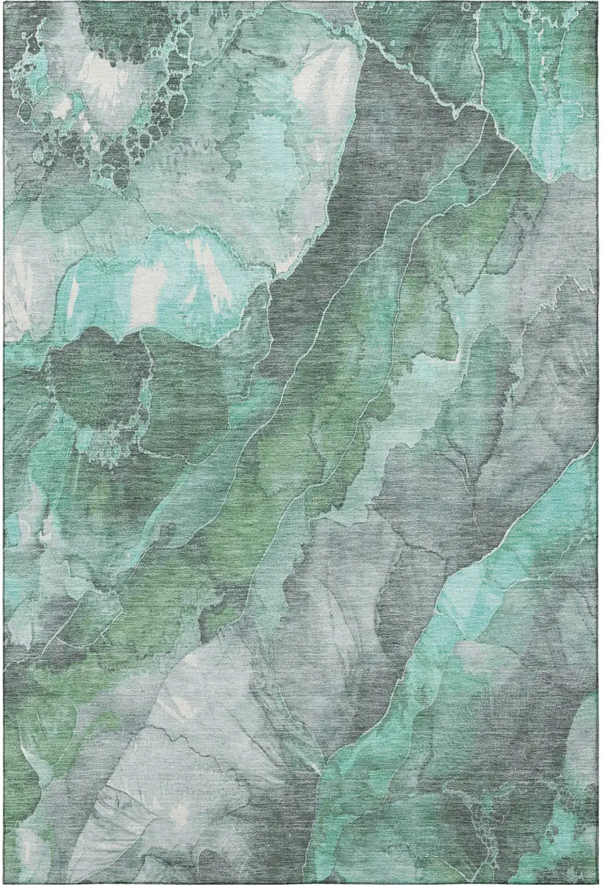 Teal Gray And Ivory Floral Washable Area Rug With UV Protection Photo 3