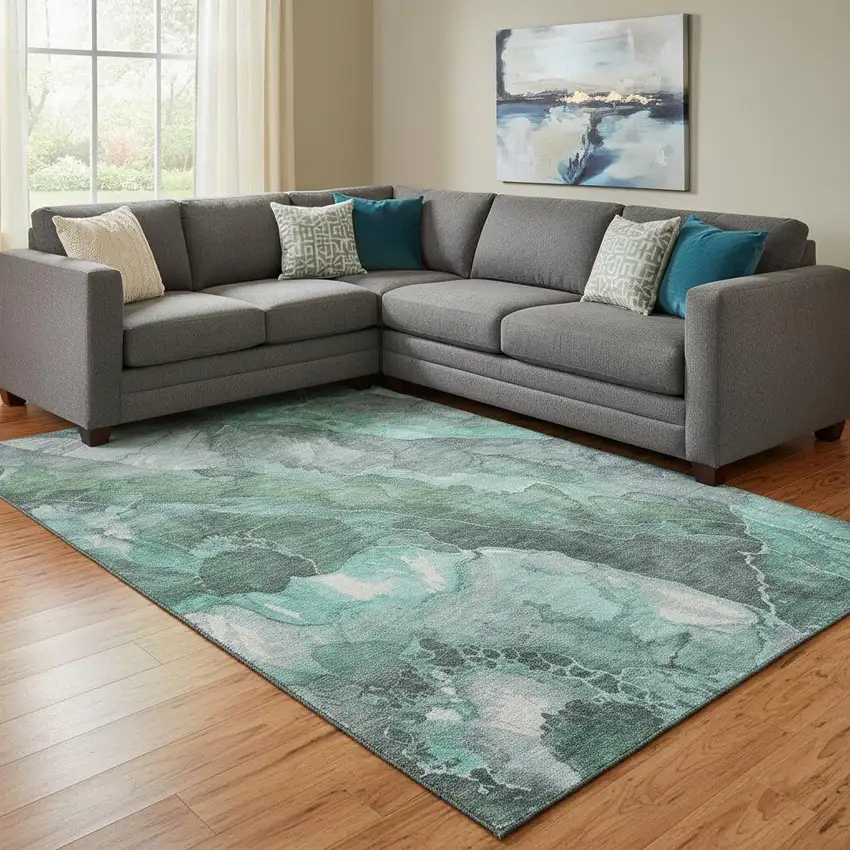 Teal Gray And Ivory Floral Washable Area Rug With UV Protection Photo 2