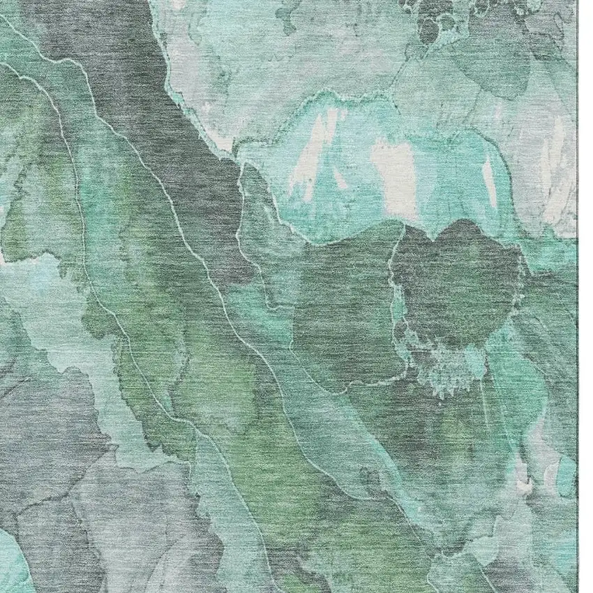 Teal Gray And Ivory Floral Washable Area Rug With UV Protection Photo 2