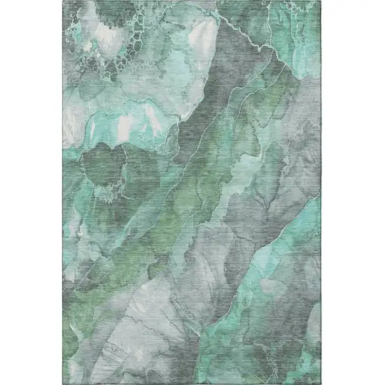 Teal Gray And Ivory Floral Washable Area Rug With UV Protection Photo 3