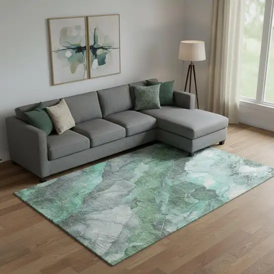 Teal Gray And Ivory Floral Washable Area Rug With UV Protection Photo 2