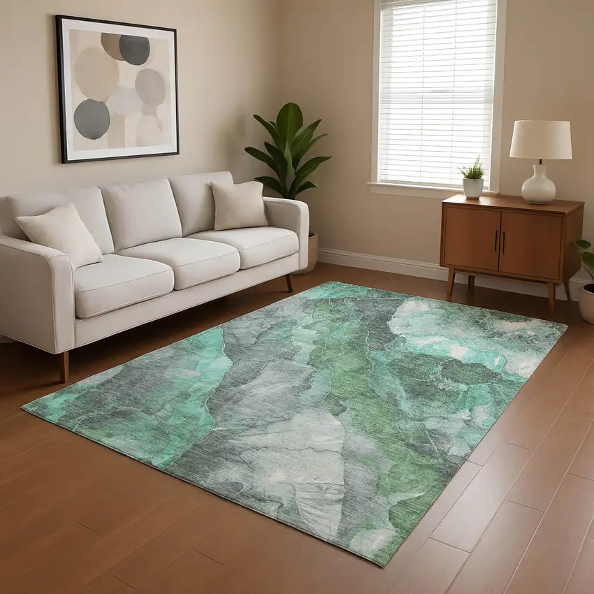 Teal Gray And Ivory Floral Washable Area Rug With UV Protection Photo 4