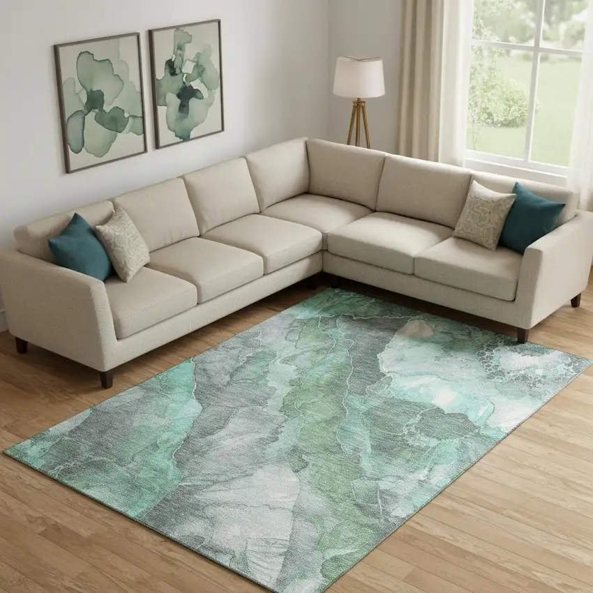 Teal Gray And Ivory Floral Washable Area Rug With UV Protection Photo 1