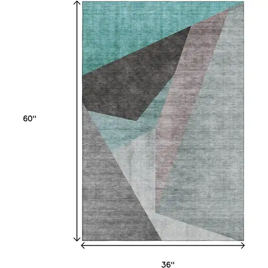 Teal Gray And Ivory Geometric Washable Area Rug With UV Protection Photo 7