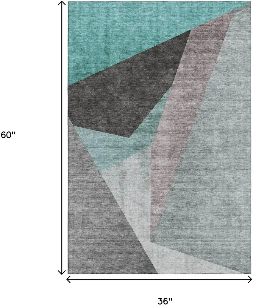 Teal Gray And Ivory Geometric Washable Area Rug With UV Protection Photo 7