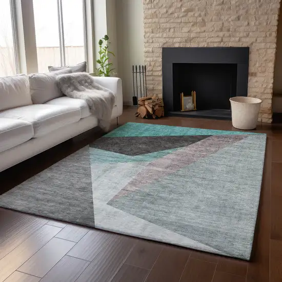 Teal Gray And Ivory Geometric Washable Area Rug With UV Protection Photo 6