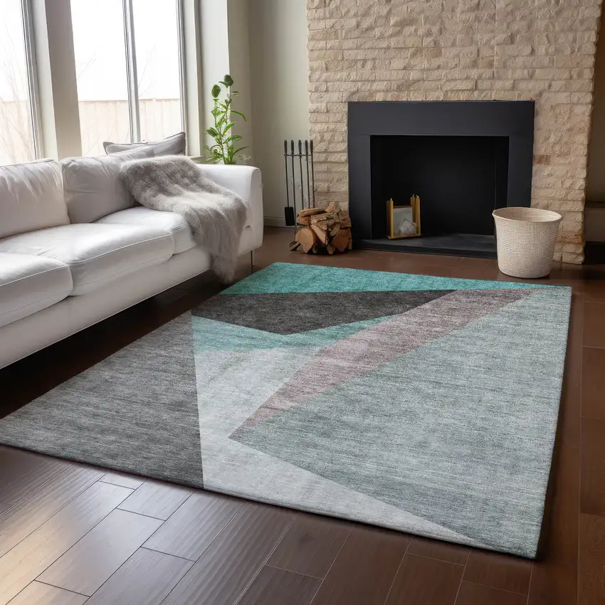 Teal Gray And Ivory Geometric Washable Area Rug With UV Protection Photo 6
