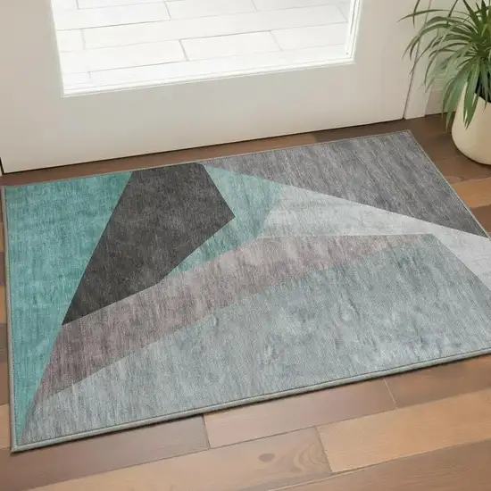 Teal Gray And Ivory Geometric Washable Area Rug With UV Protection Photo 2
